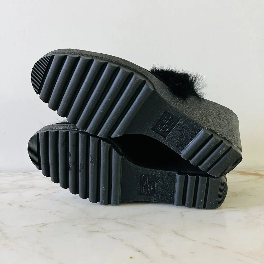 COACH Kaela Black Suede Rabbit Fur Slip On Clogs Mules With Wedge Heels - US 8